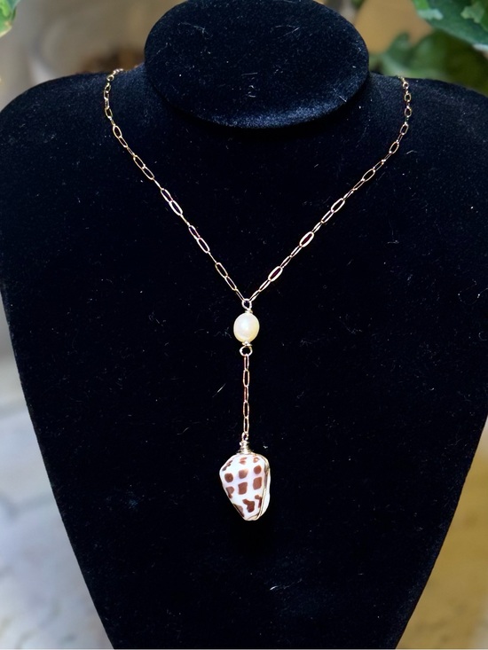 Handmade Jewelry - 18k Gold with Saltwater Pearl, Hawaiian Hebrew Cone shell Necklace- handmade